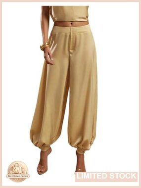 Satin Balloon Gaucho Harem Pants Adjustable Ankle Cuff Pull-On